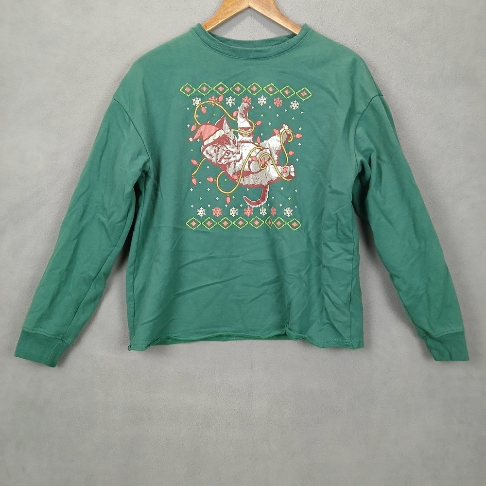 Mighty Fine Sweatshirt Womens Medium Green Christmas Cat Graphic Fleece Lined‎